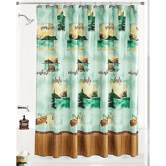 Mountain Lake Shower Curtain Brown Teal Green Lodge Cabin Polyester Bath Gift - Picture 1 of 3